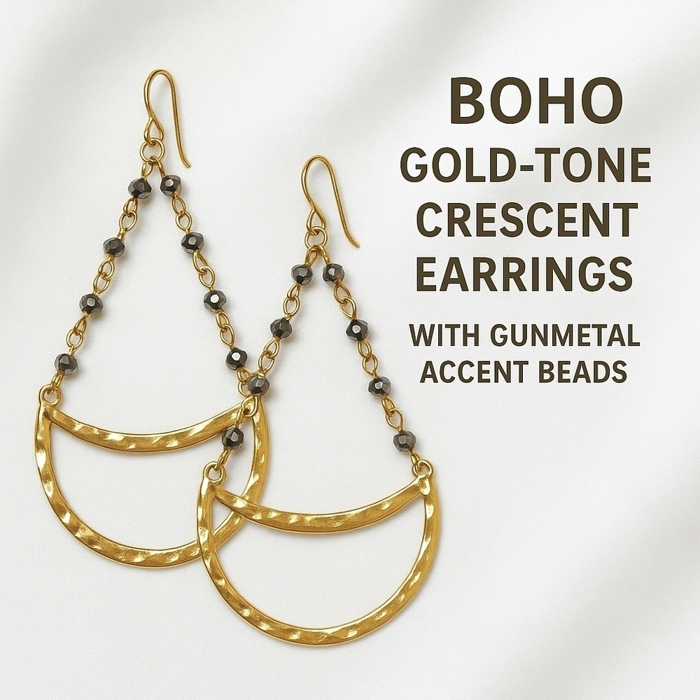 Boho Hammered Gold-Tone Crescent Earrings with Gunmetal Accent Beads. 3.…